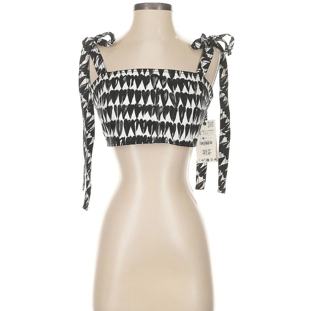 Zara ZW Collection Heart Print Crop Top Tie Shoulder Smocked Cotton Size S NWT - Picture 2 of 7
